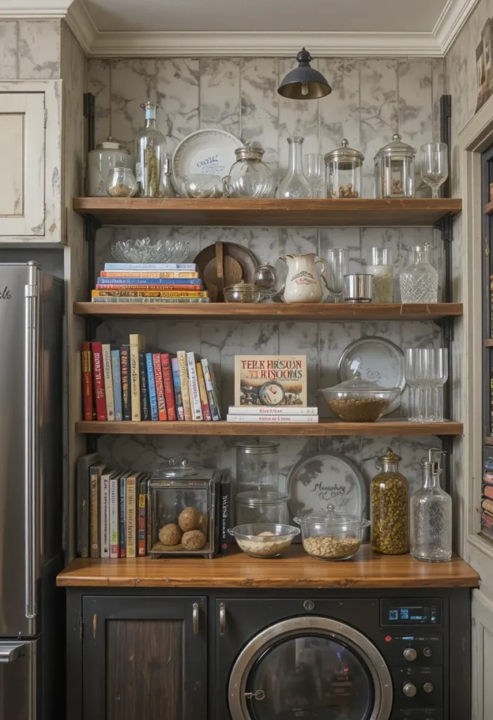 Open shelving in a U-shaped kitchen showing decorative and functional items.