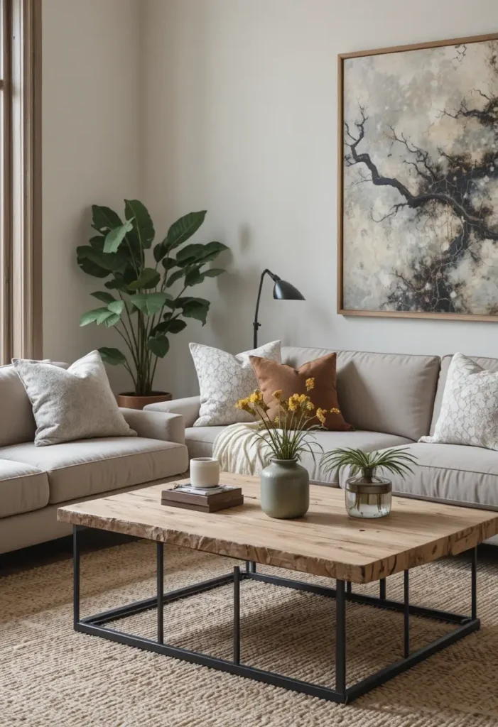 “Living room showcasing a mix of textures including wood, velvet, metal, and woven materials.”