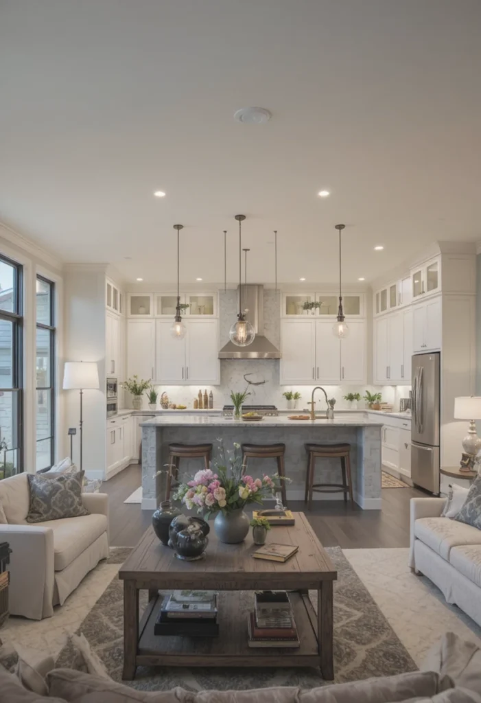 Layered lighting illuminating open living room and kitchen