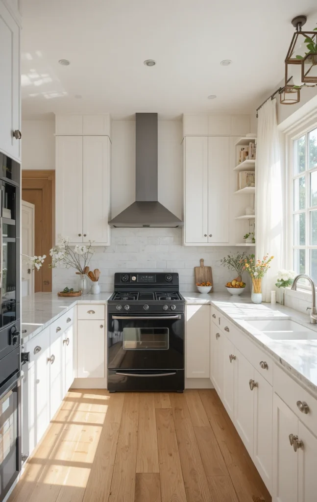 Black appliances softened by natural sunlight in a bright kitchen.