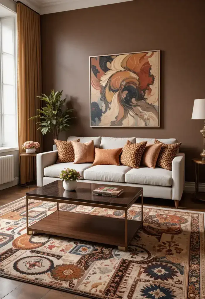 Rug guiding living room décor and color palette.