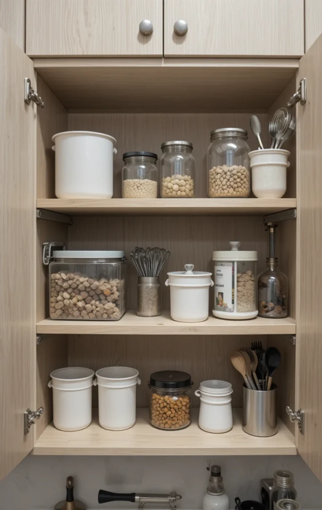Adjustable shelves in a galley kitchen cabinet.