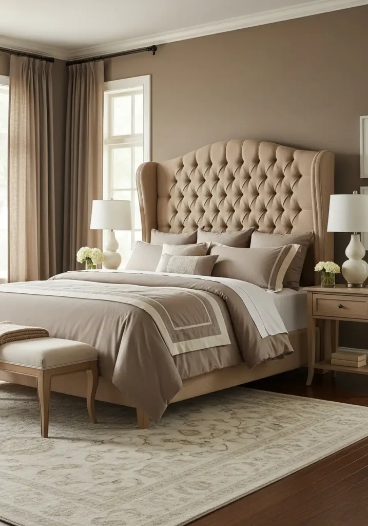 Upholstered taupe headboard