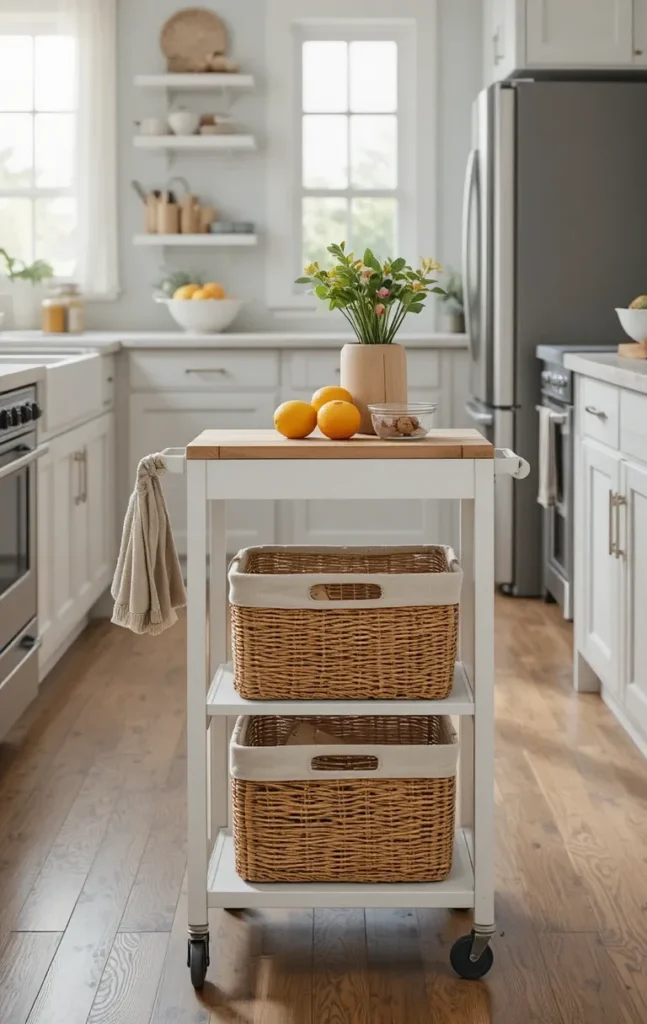 Slim multi-functional kitchen cart in a narrow space.