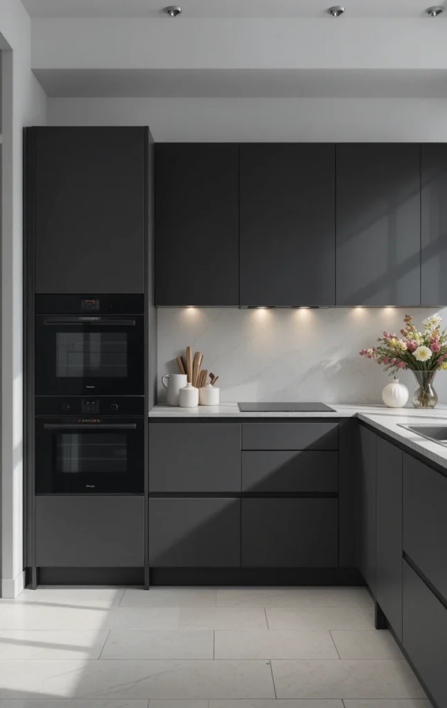 Matte black appliances in a sleek modern minimalist kitchen.
