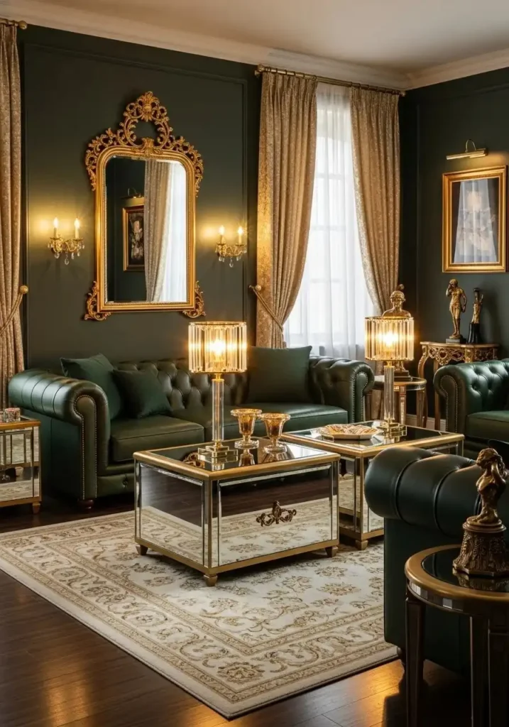 Green leather sofa with glamorous decor in living room