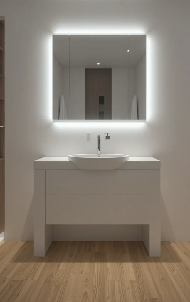 Floating white vanity with LED lighting in bathroom