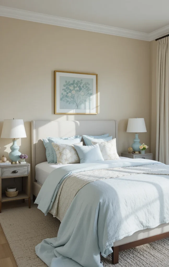 Beach bedroom with soft beige, seafoam, and light blue coastal colors.