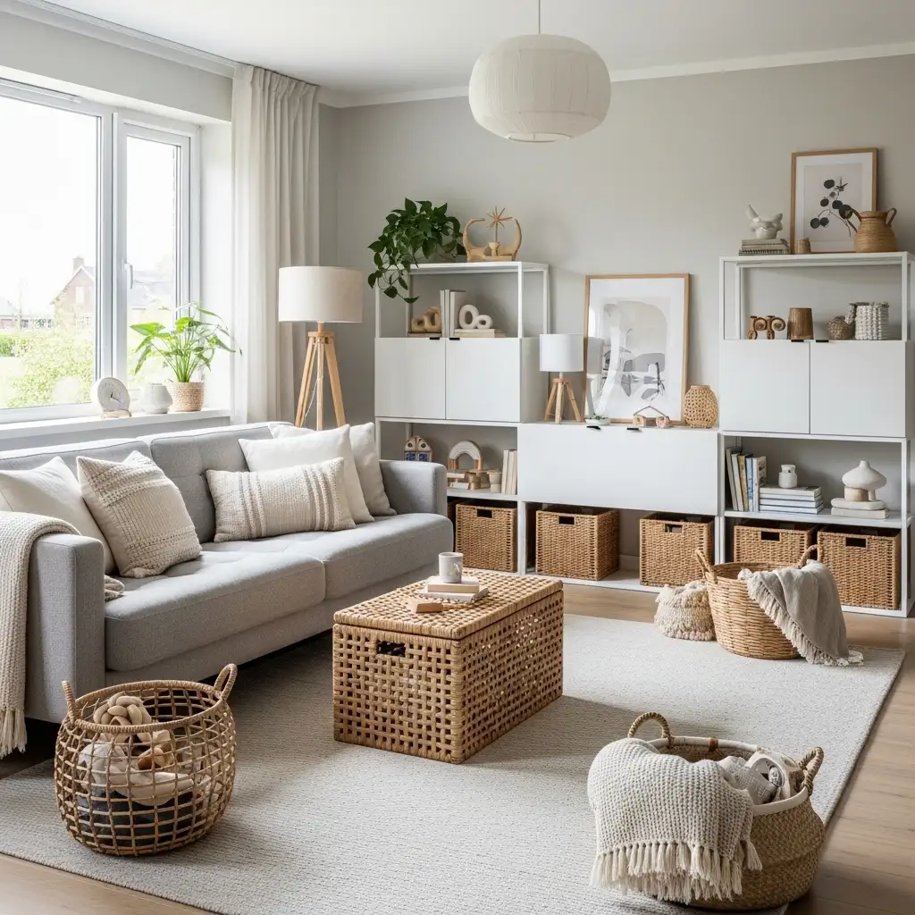 Living room with stylish toy storage solutions