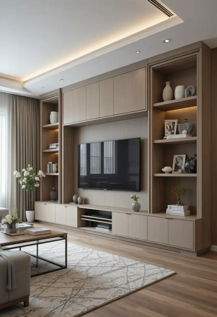 TV incorporated into built-in shelves in a modern living room