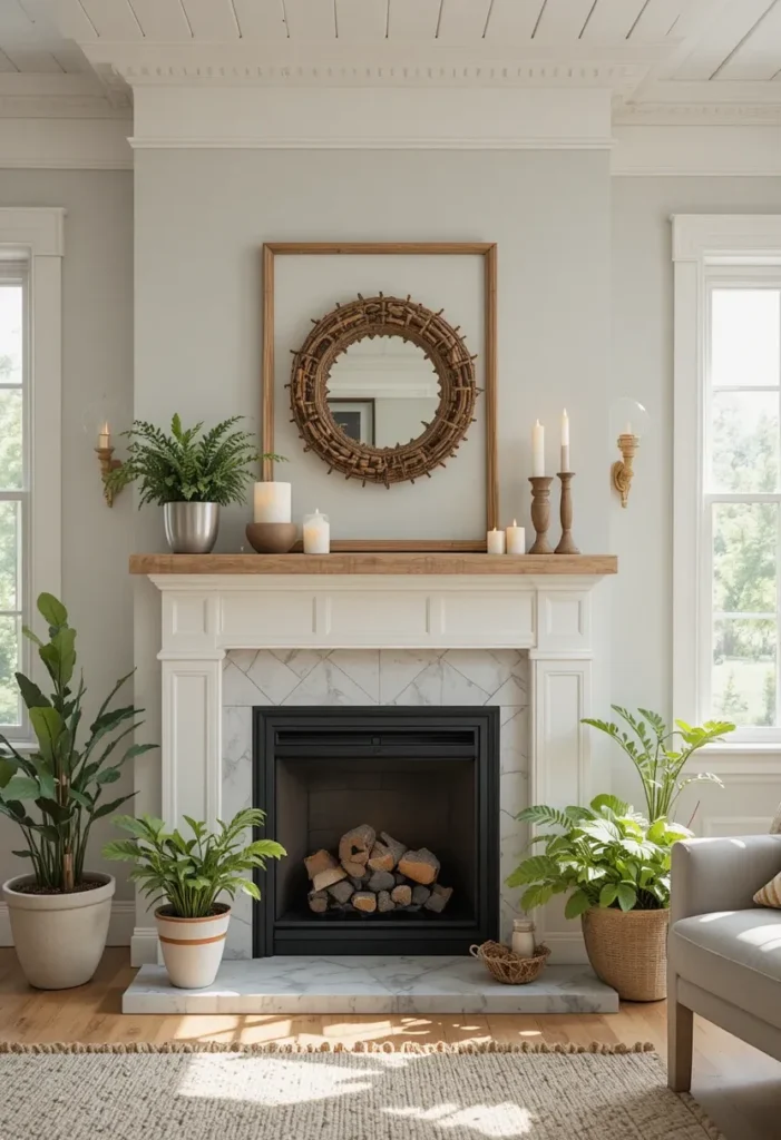 Decorative fireplace styled with candles and plants for summer.
