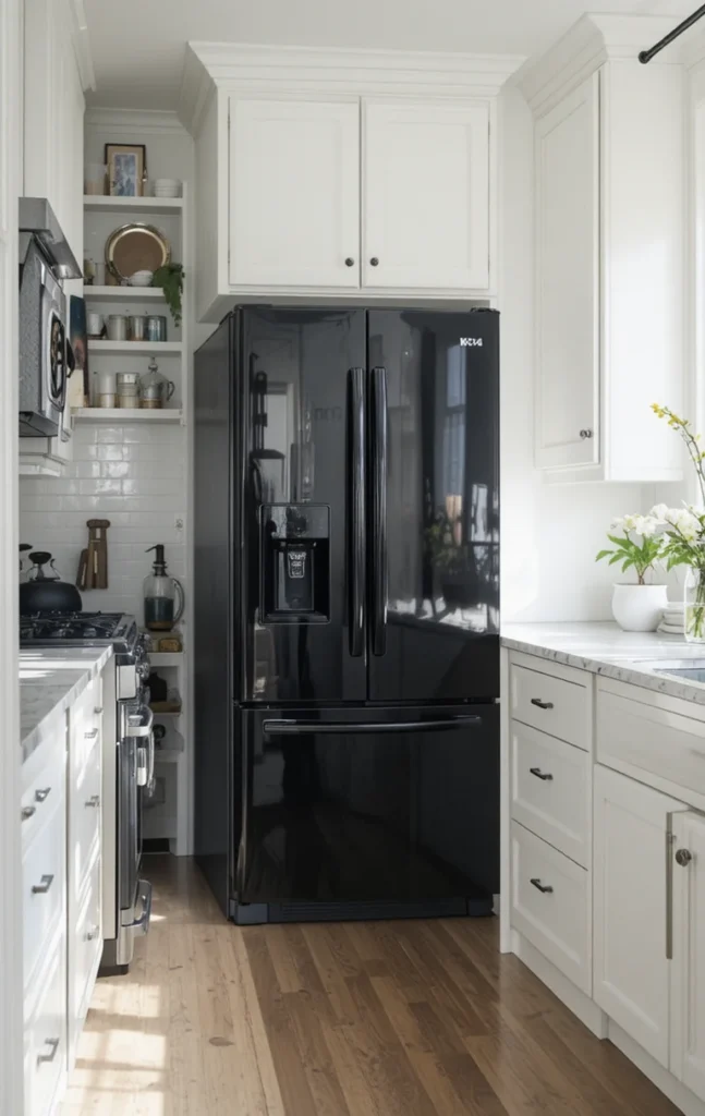 Black appliances paired with white cabinets in a bright small kitchen design.