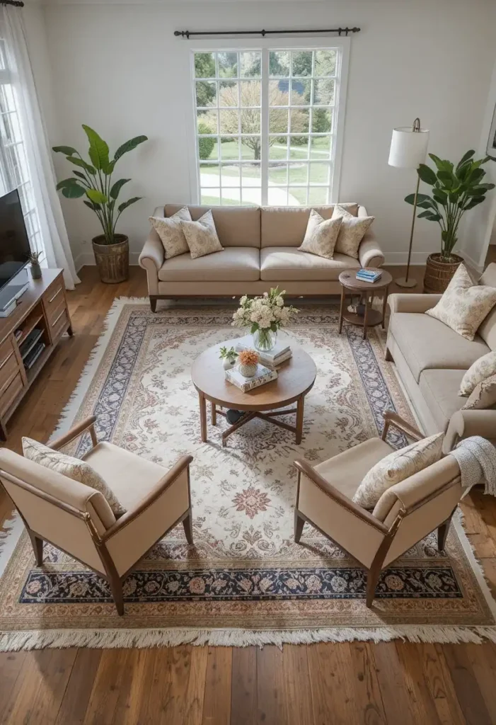 Living room furniture correctly placed on area rug for balanced layout