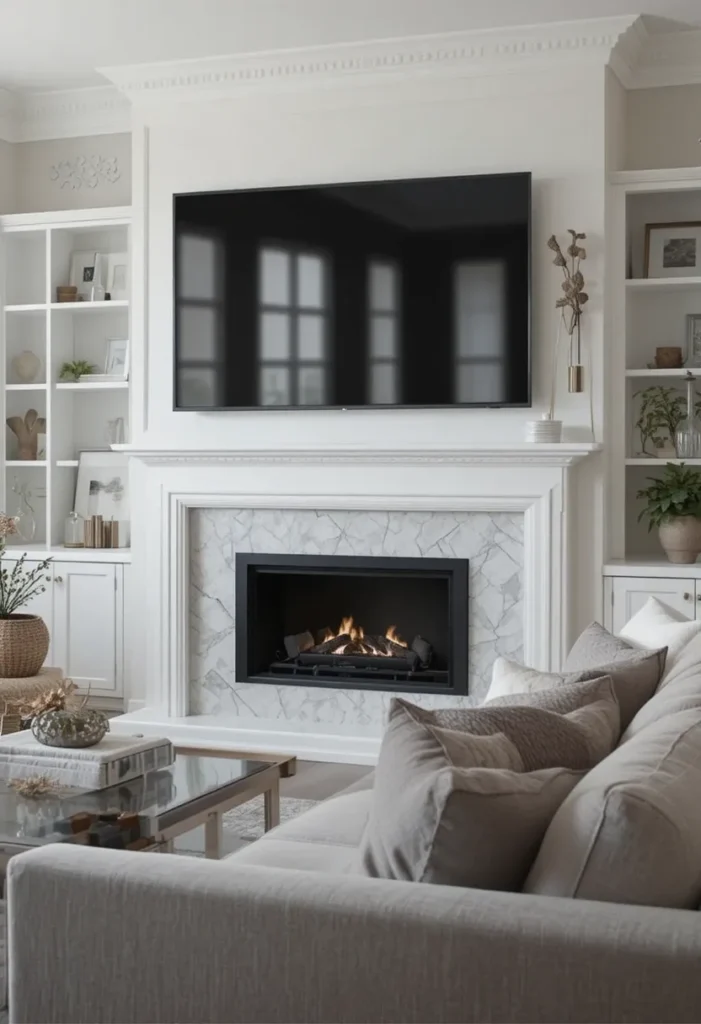 TV mounted above fireplace in a balanced and well-proportioned living room.