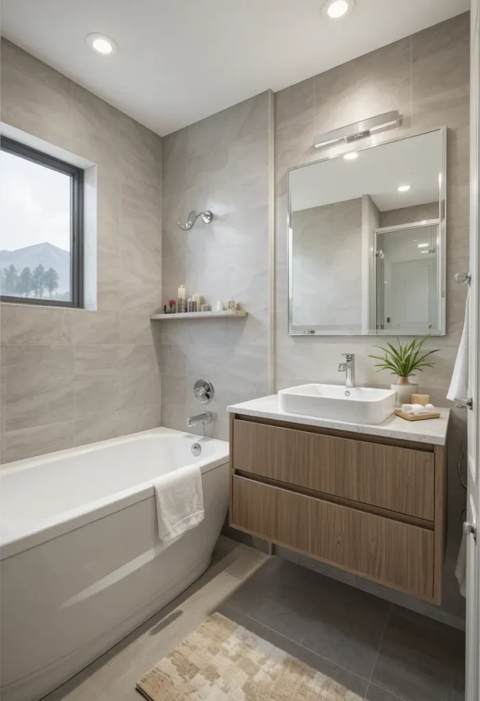 Floating vanity next to bathtub in a small bathroom to save space