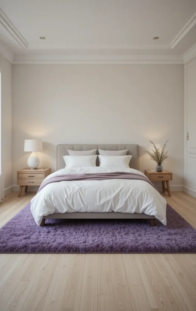 Bedroom with large purple rug under the bed.