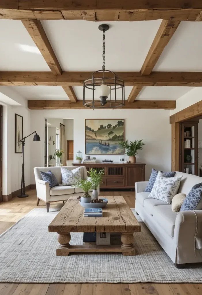 Living room with wooden beams and oak furniture