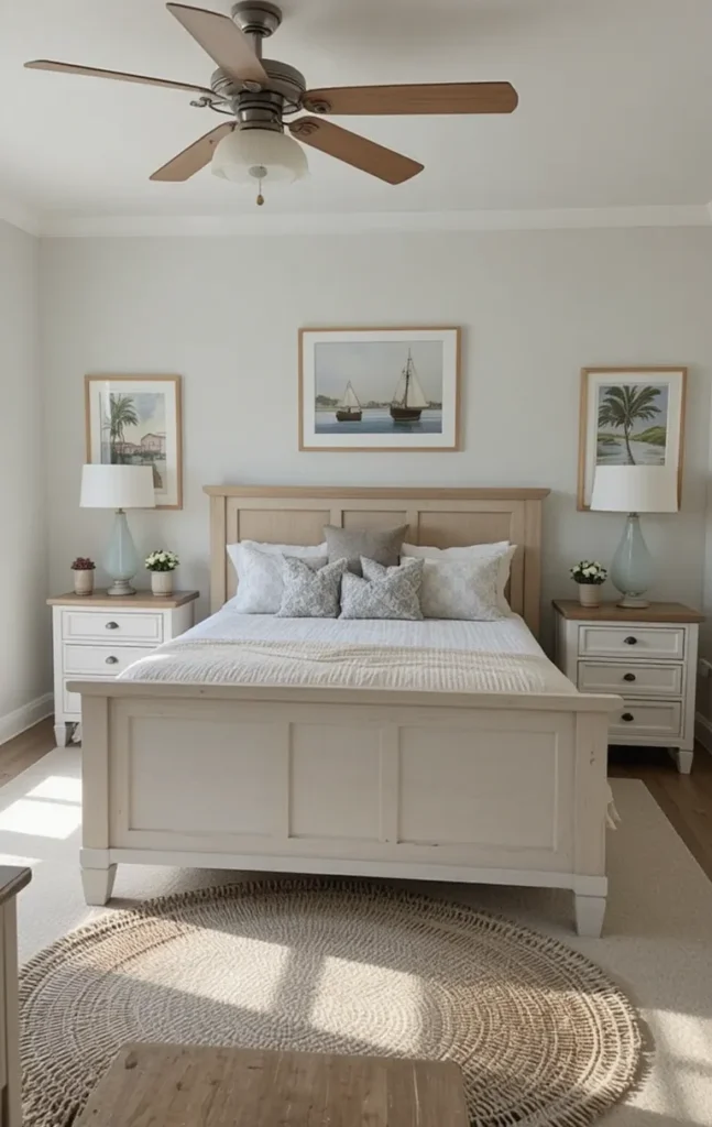 Beach bedroom with light wood and white furniture enhancing airy coastal style.