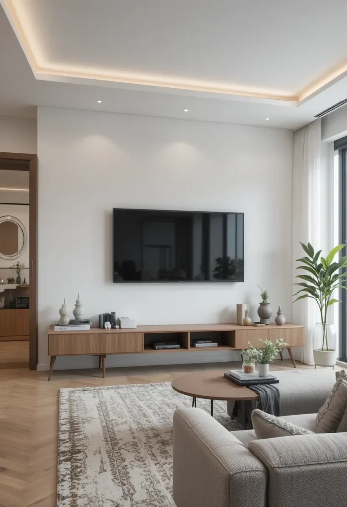 “TV mounted at eye level above a sofa in a modern living room.”