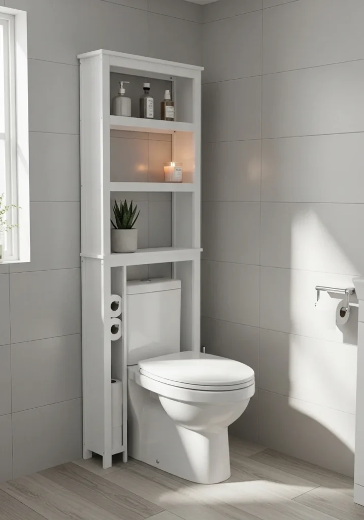 Over-the-toilet cabinet with storage shelves in small bathroom