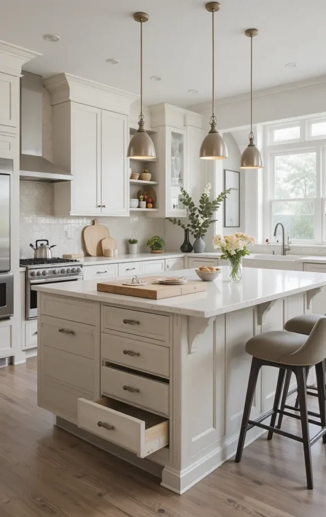 Functional kitchen island with storage in one wall kitchen layout