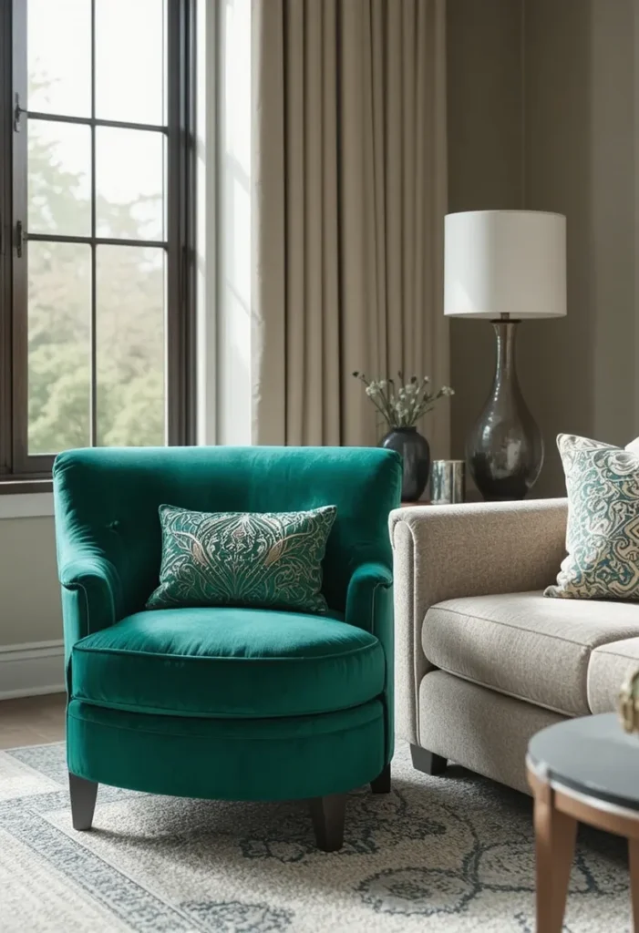 Emerald green accent chair in a neutral living room with sunlight.