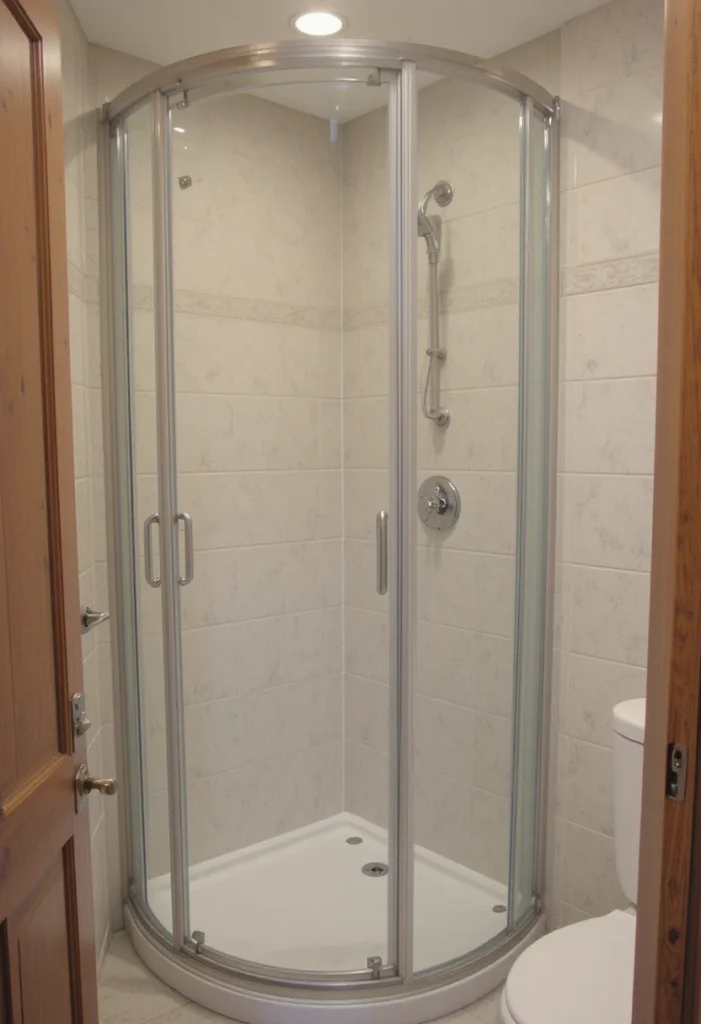 Small bathroom with a corner walk-in shower that saves space and fits awkward layouts.