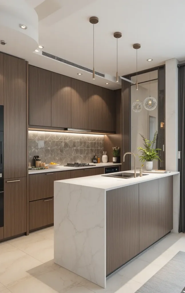 Slim island in small one wall kitchen layout