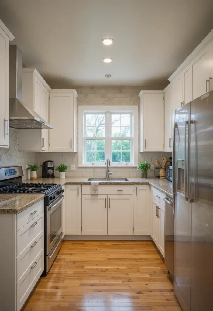 Efficient appliance placement in an L-shaped kitchen layout.