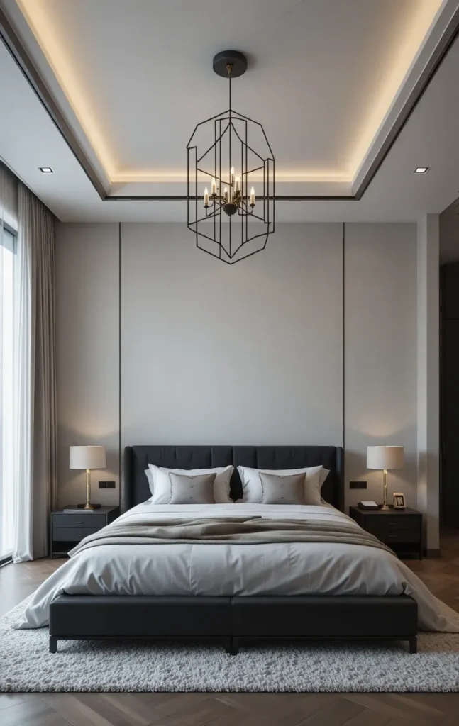 Minimalist chandelier with geometric shapes enhancing a modern bedroom design.