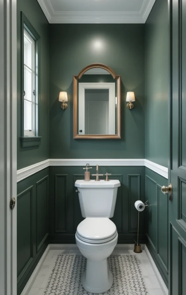 Two-tone bathroom with dark green lower walls and white upper walls.