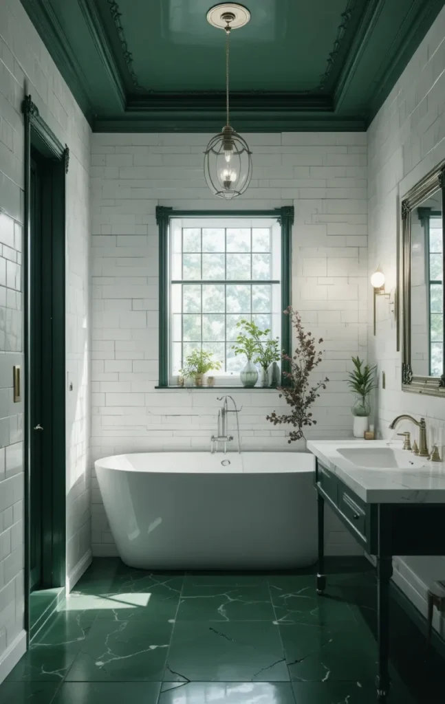 Bathroom with dark green ceiling and white walls for contrast.
