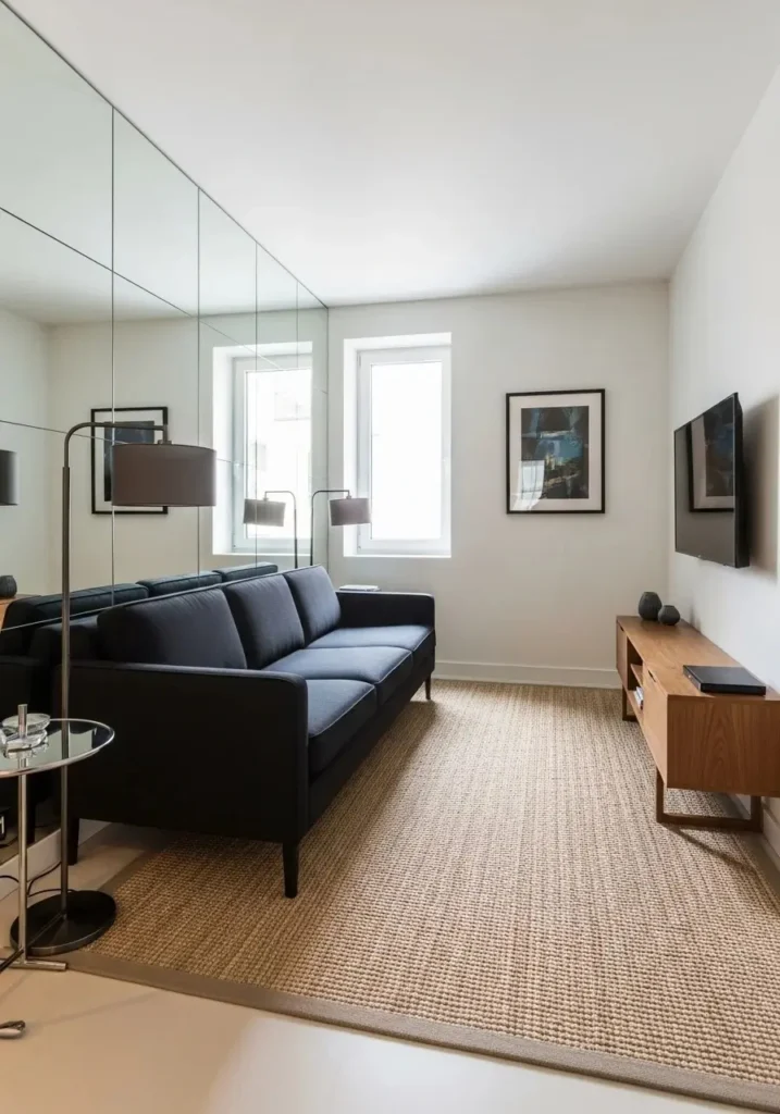 Small living room styled with black couch and light decor.