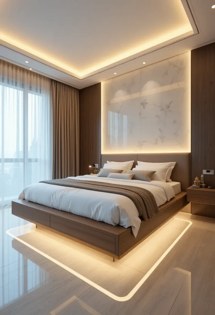 Under-bed LED lights creating a floating bed effect in the bedroom