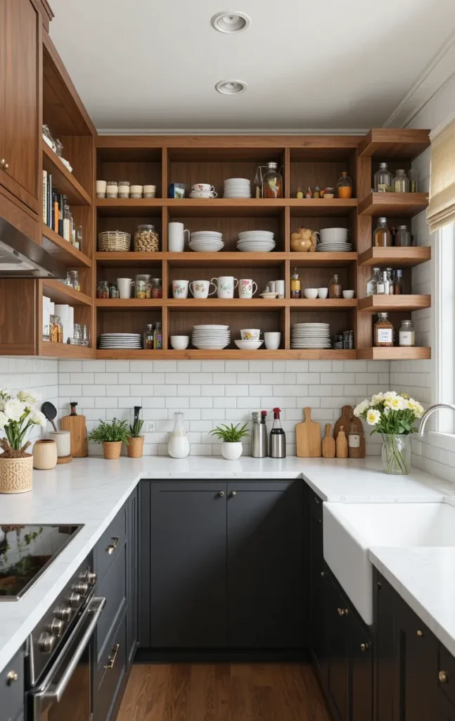 Open shelves in a galley kitchen with organized dishes.