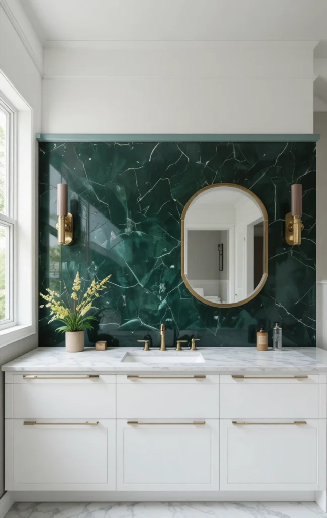 Dark green accent wall behind a white bathroom vanity with brass mirror and warm lighting.