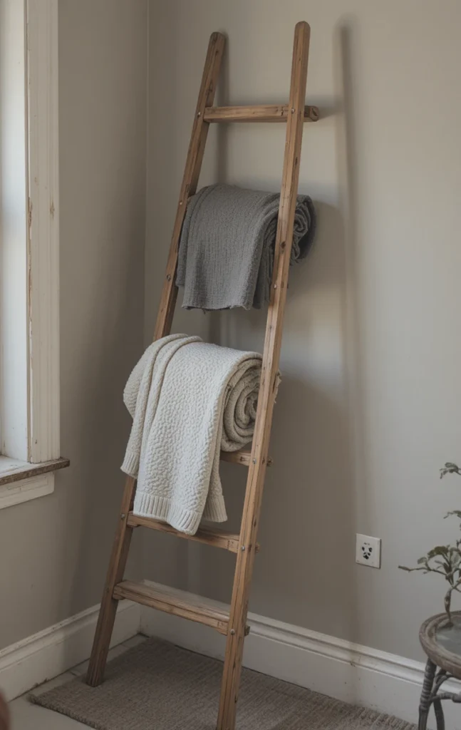 Decorative ladder in bedroom corner holding folded blankets.