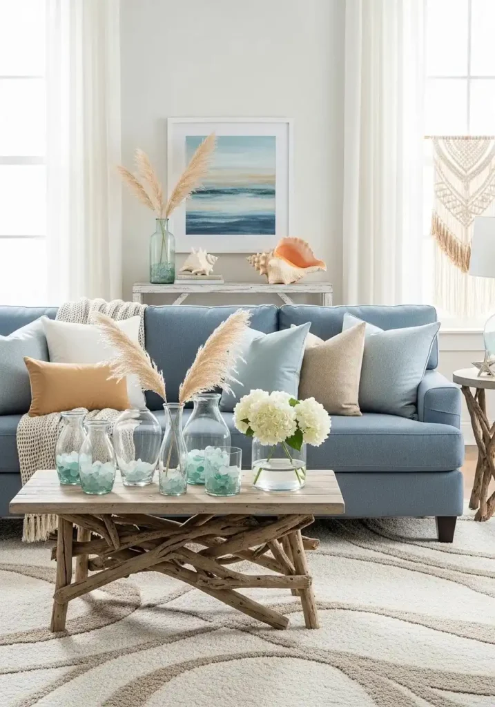 Blue couch in a coastal-style room.