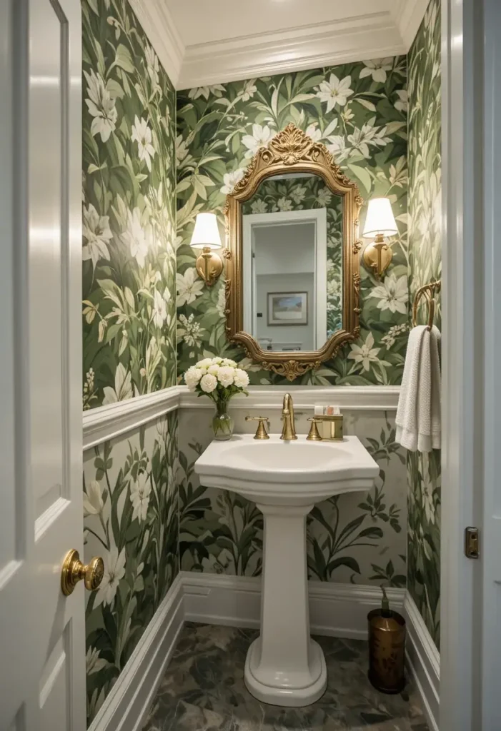 Bathroom with green botanical wallpaper and white pedestal sink.