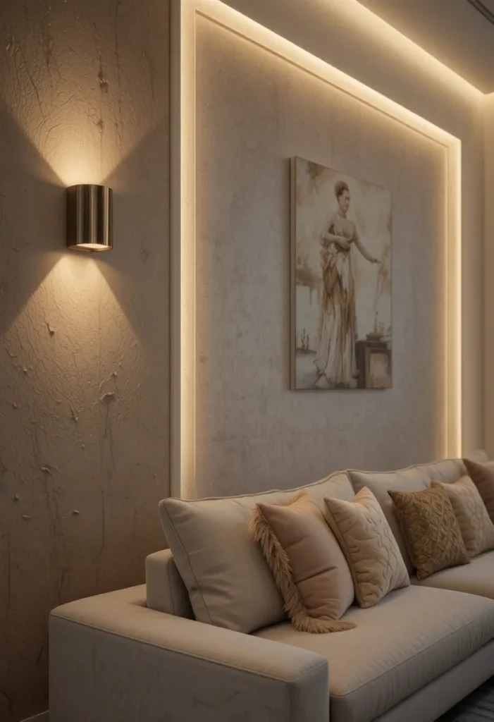Living room accent wall with wall sconces and warm lighting