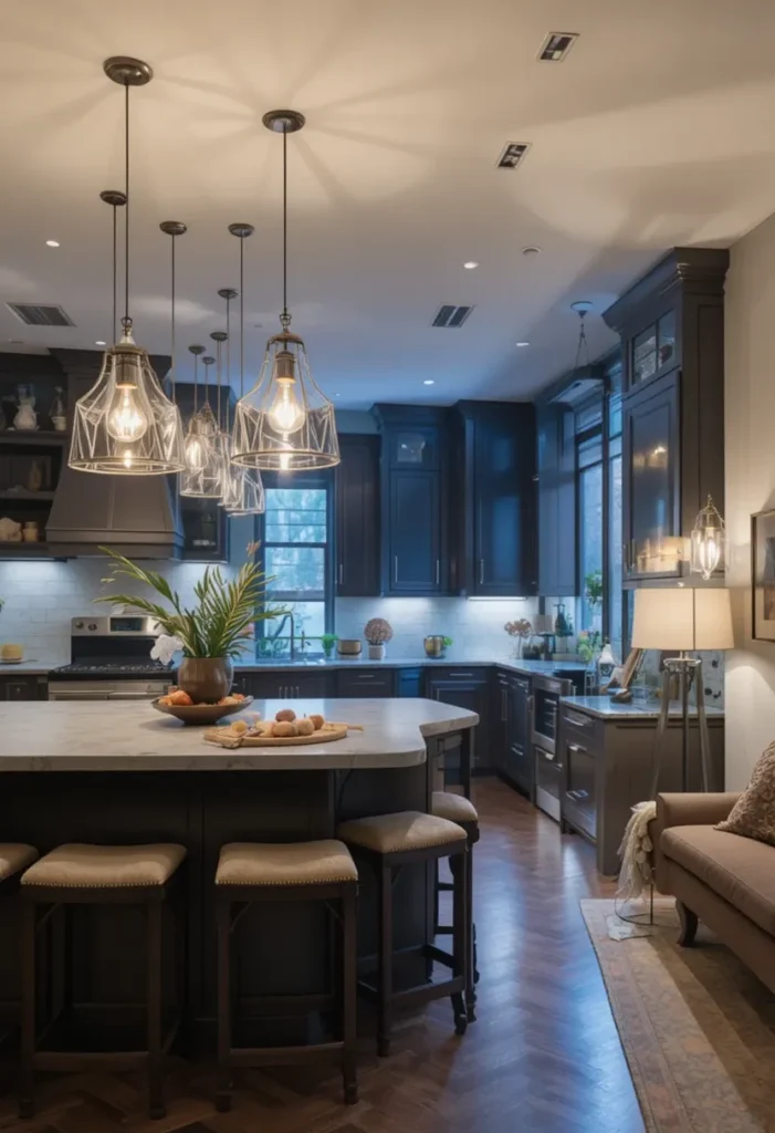 Lighting differentiating living and kitchen areas in open space