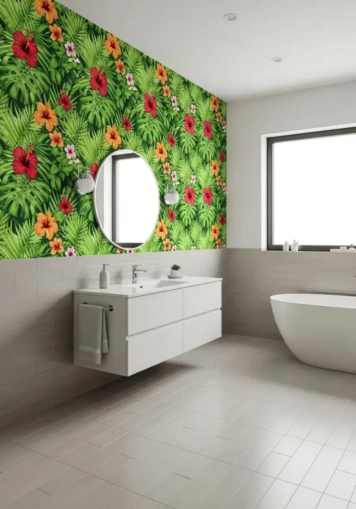 Bold tropical wallpaper for vibrant bathroom
