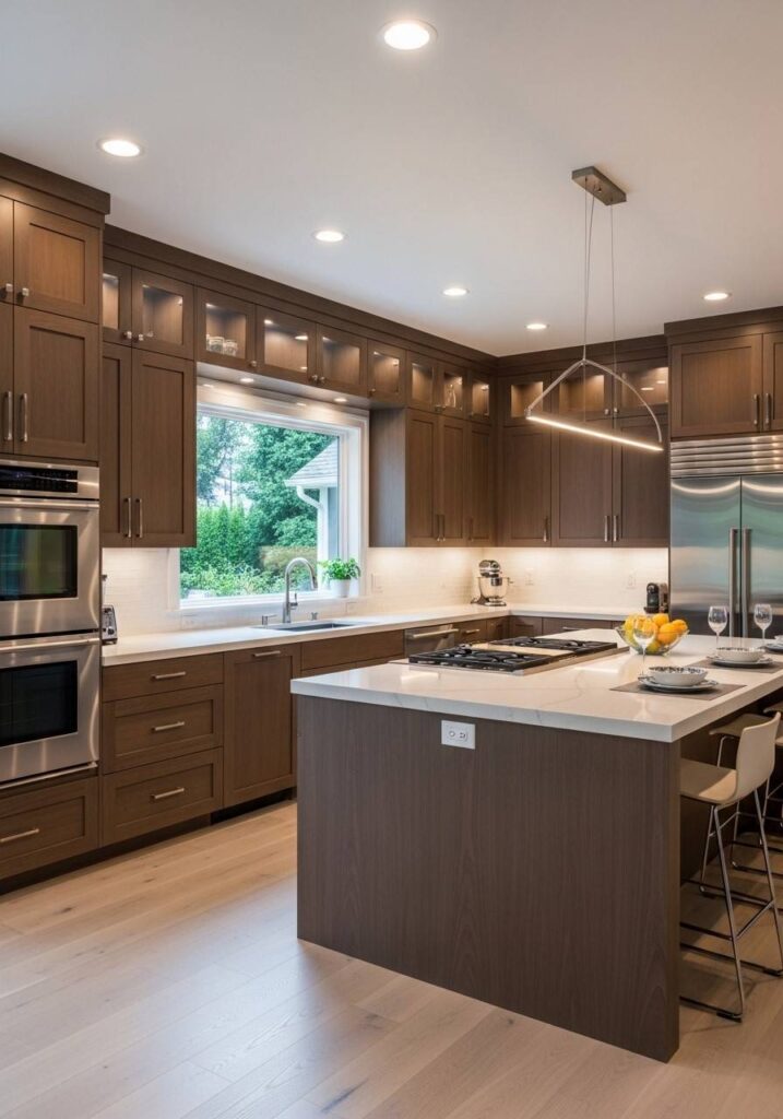 Floor-to-ceiling brown cabinets creating a seamless, high-end kitchen look