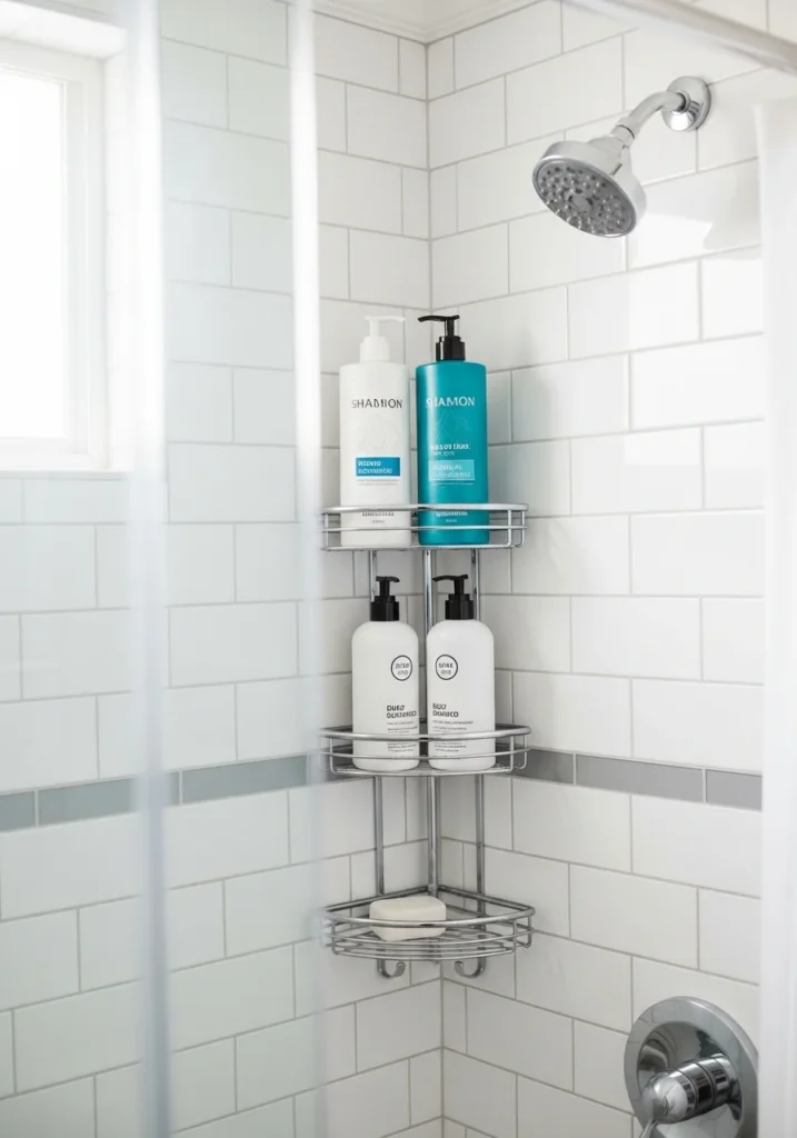 Corner shower rack organizing shampoo bottles in small bathroom