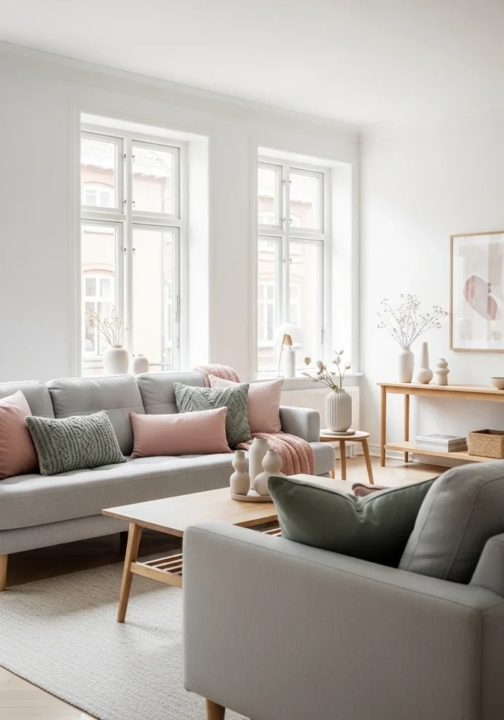 Grey couch living room with soft pastel cushions.