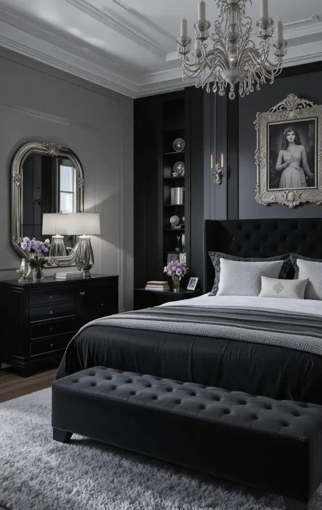 Modern bedroom with black furniture, silver decor accents, and soft gray walls, cozy yet elegant.
