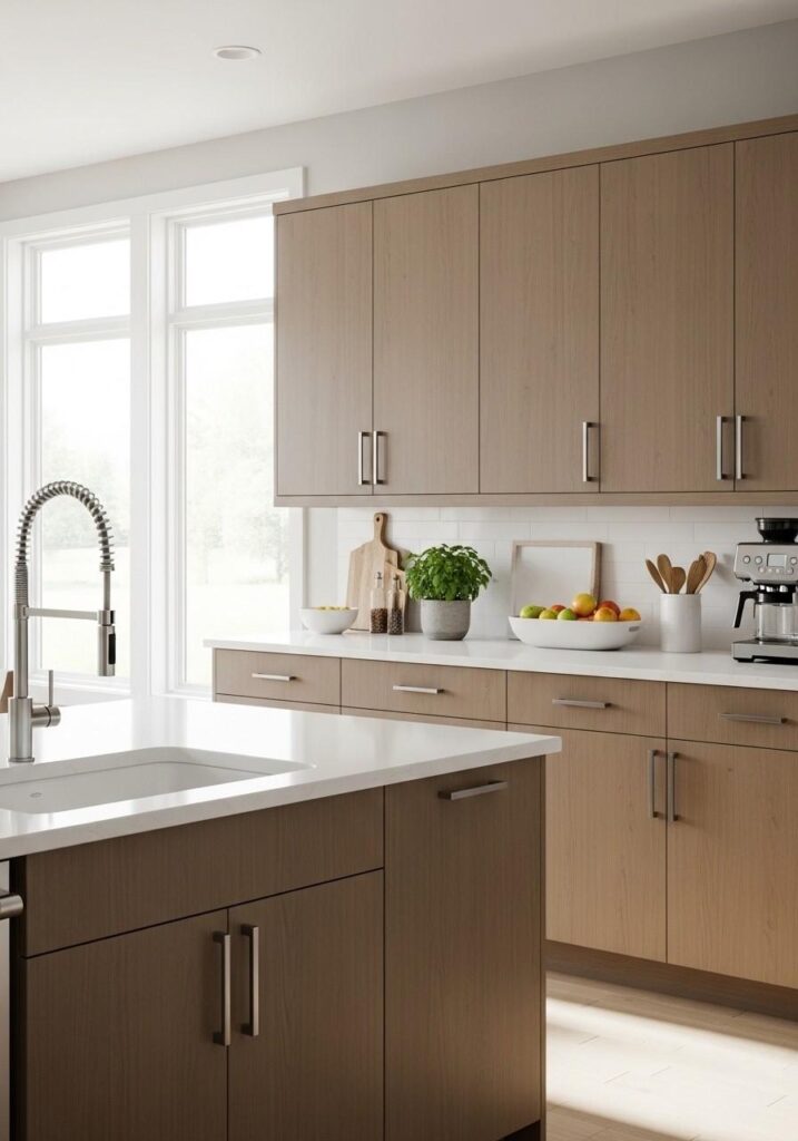 Light brown oak cabinets paired with white countertops in a bright, airy kitchen.