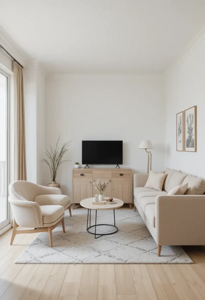 “Apartment living room with furniture that fits the space and allows easy movement.