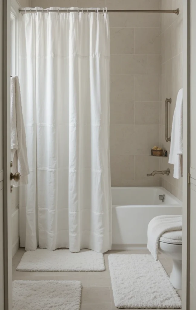 Layered white towels and mats in bathroom for softness