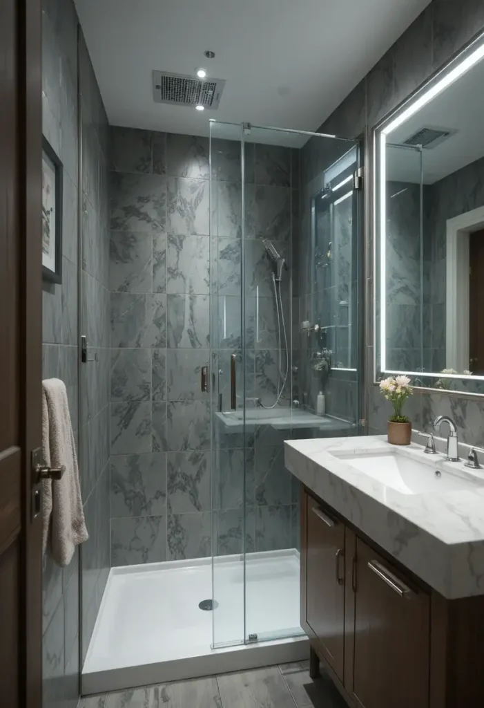 Large mirror in a small bathroom with a walk-in shower to make the space feel larger.